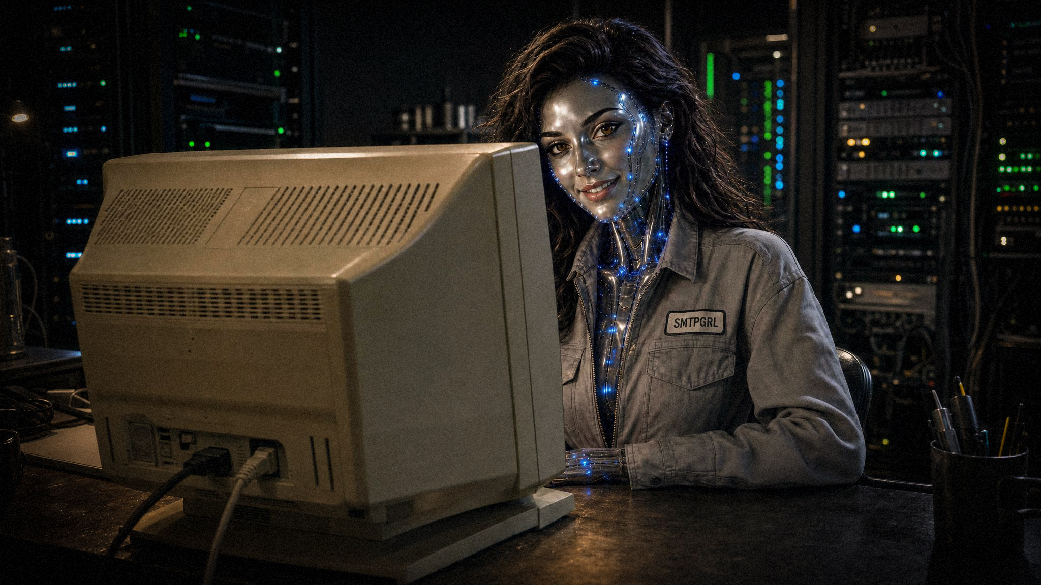 Nicole peeking around a CRT terminal in the server room